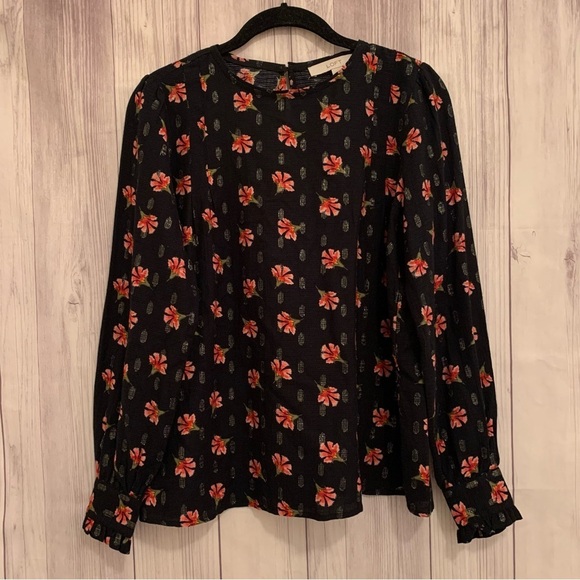 Loft Floral Red and Black Metallic Sparkly Puff Sleeve Blouse Long Sleeve XS - Picture 4 of 11